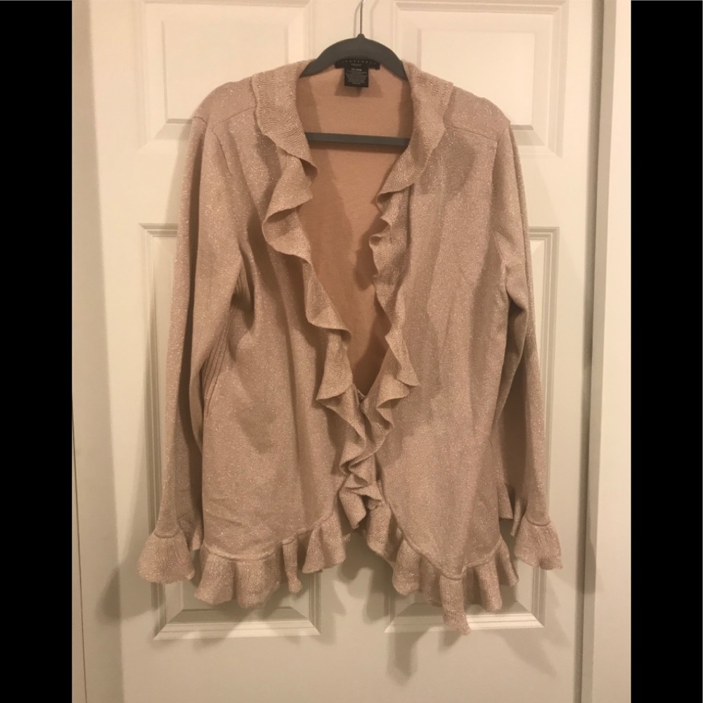 Apostrophe gold color holiday sweater with ruffles